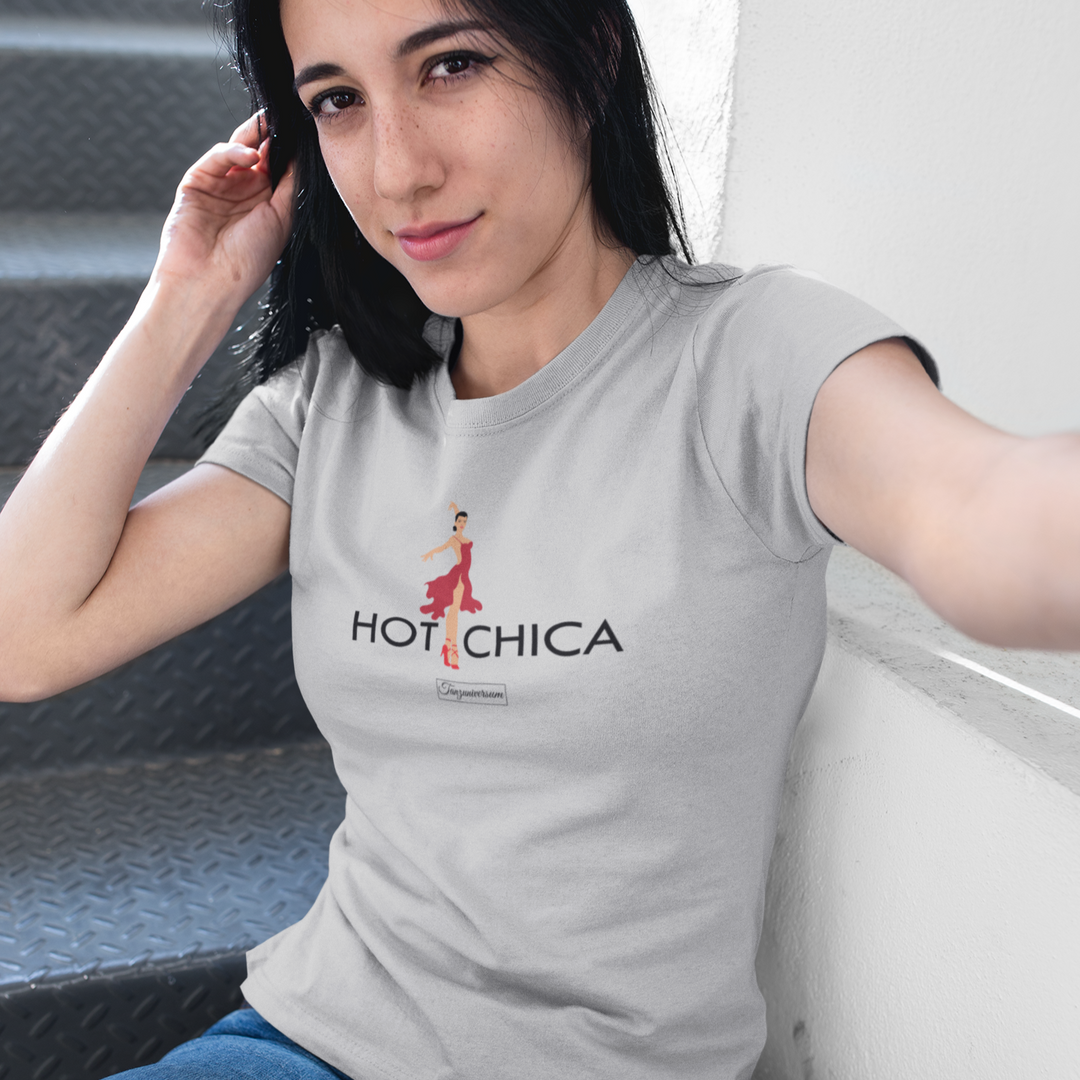 Hot Chica dance T-shirt for women for party, dance studio, street look, as a gift idea