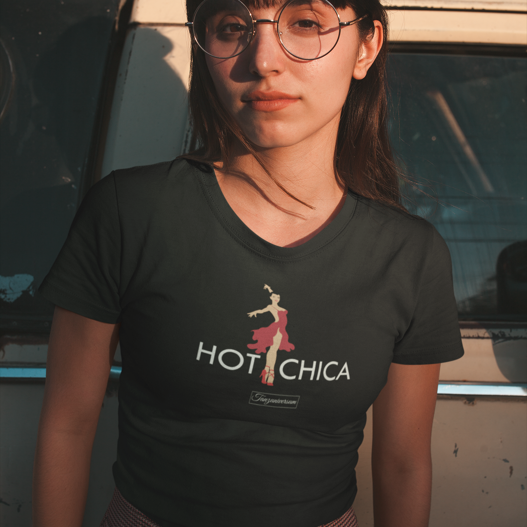 Hot Chica dance T-shirt for women for party, dance studio, street look, as a gift idea