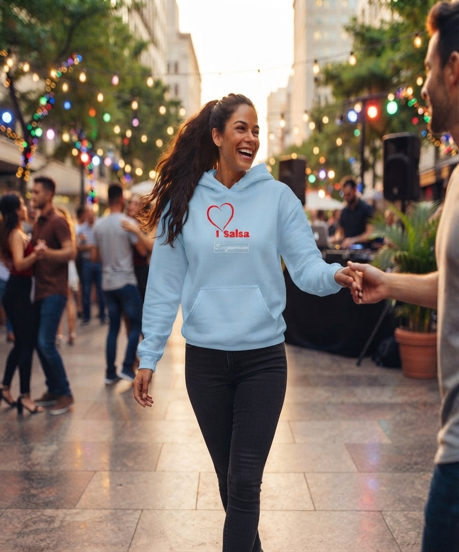 I Love Salsa Hoodie Damen Schwarz mit auffälligem Tanzmotiv als Weihnachtsgeschenkidee für Salsa-Liebhaberinnen.