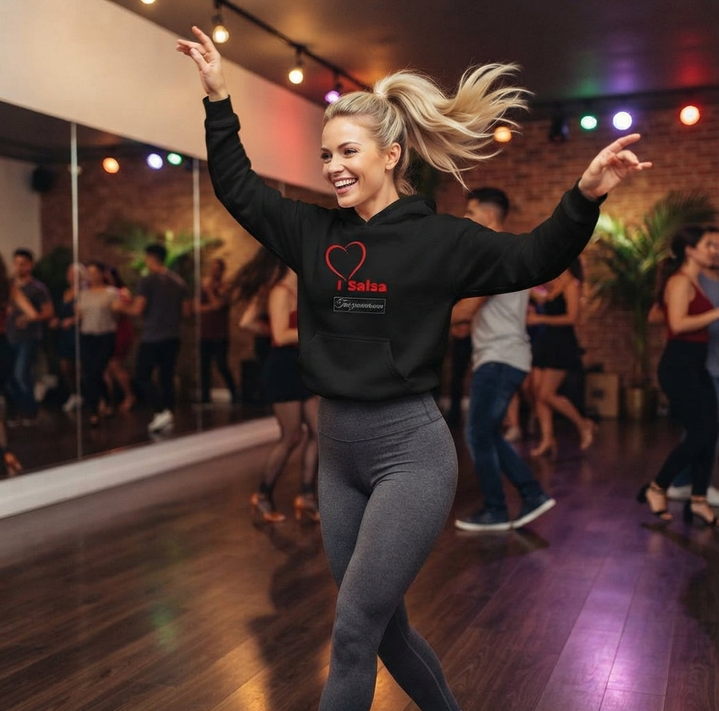 I Love Salsa Tanz-Hoodie Damen Schwarz als vielseitiges Tanzoutfit für Social Dance, Tanzschule, Training und Xmas.